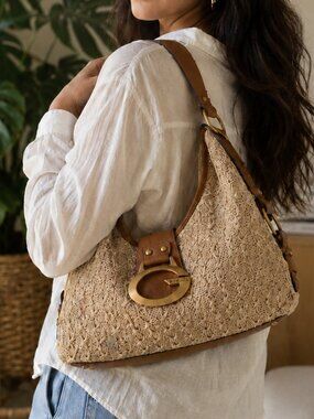 Guess Camden Medium Woven Straw Shoulder Bag Tan Leather Trim Boho Summer